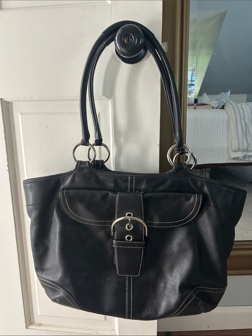 Coach Black Leather XL Shoulder Bag with Silver Hardware